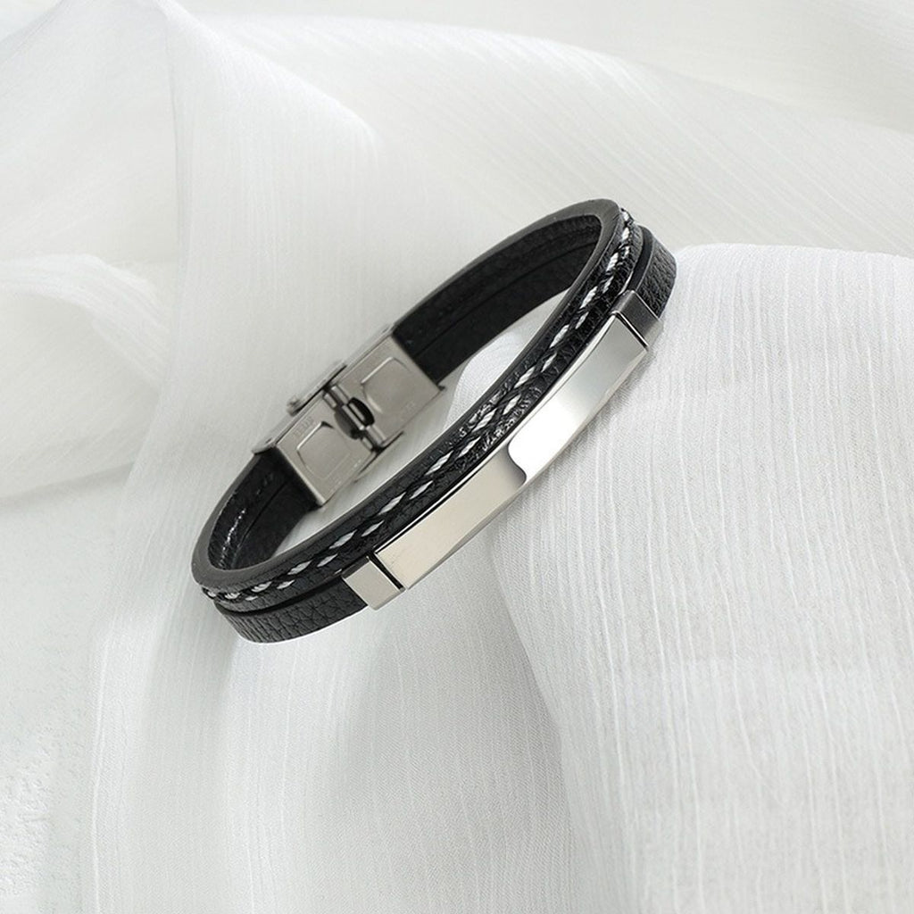 Stainless Steel Gold Black Customized Personalised Laser Engraved Leather Wrist Band ID Bracelet Men
