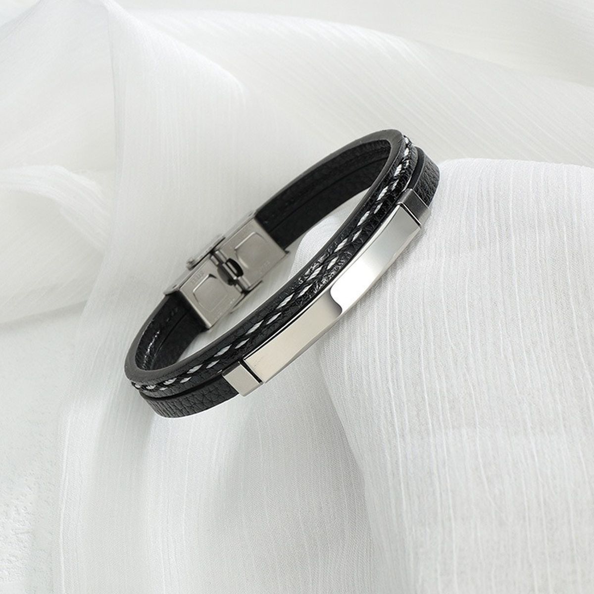 Stainless Steel Gold Black Customized Personalised Laser Engraved Leather Wrist Band ID Bracelet Men