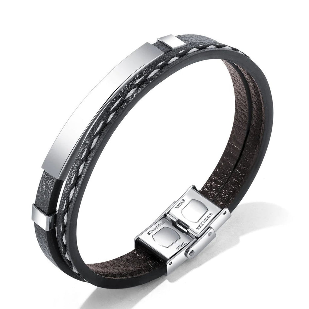 Stainless Steel Gold Black Customized Personalised Laser Engraved Leather Wrist Band ID Bracelet Men