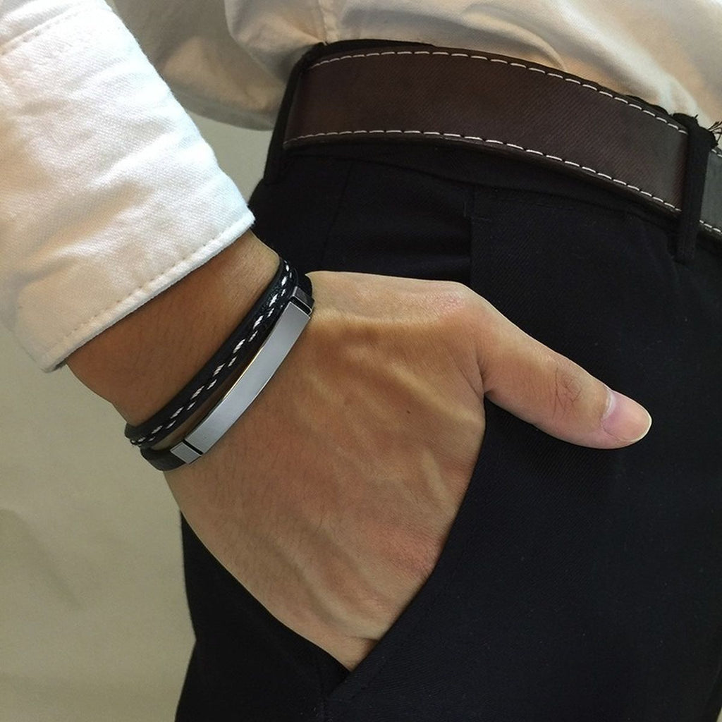 Stainless Steel Gold Black Customized Personalised Laser Engraved Leather Wrist Band ID Bracelet Men