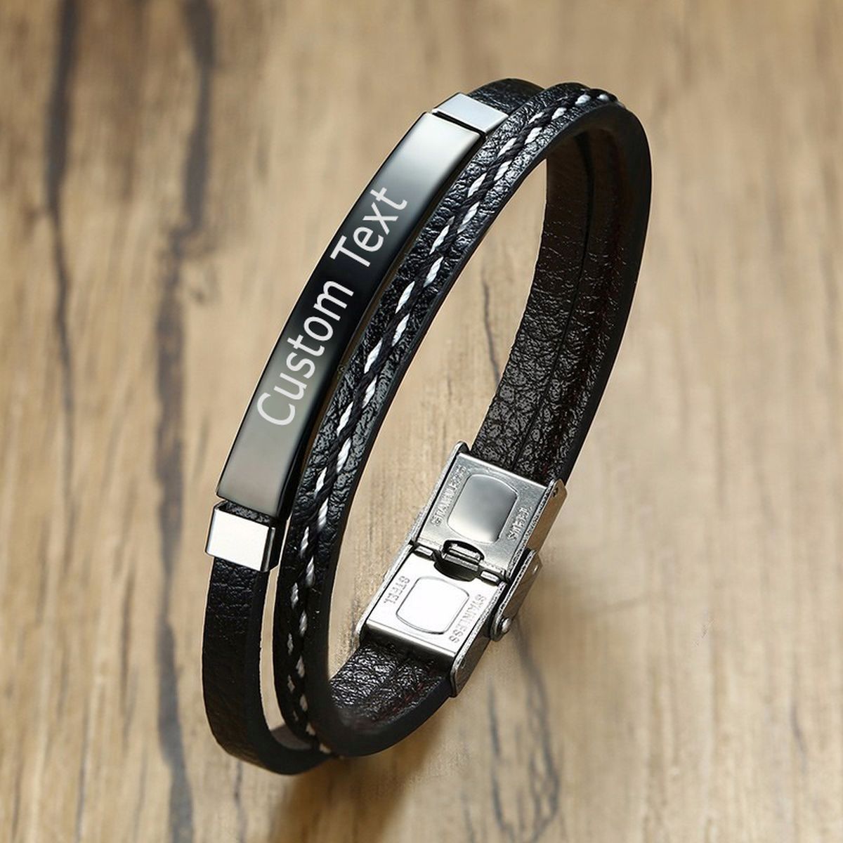 Stainless Steel Gold Black Customized Personalised Laser Engraved Leather Wrist Band ID Bracelet Men