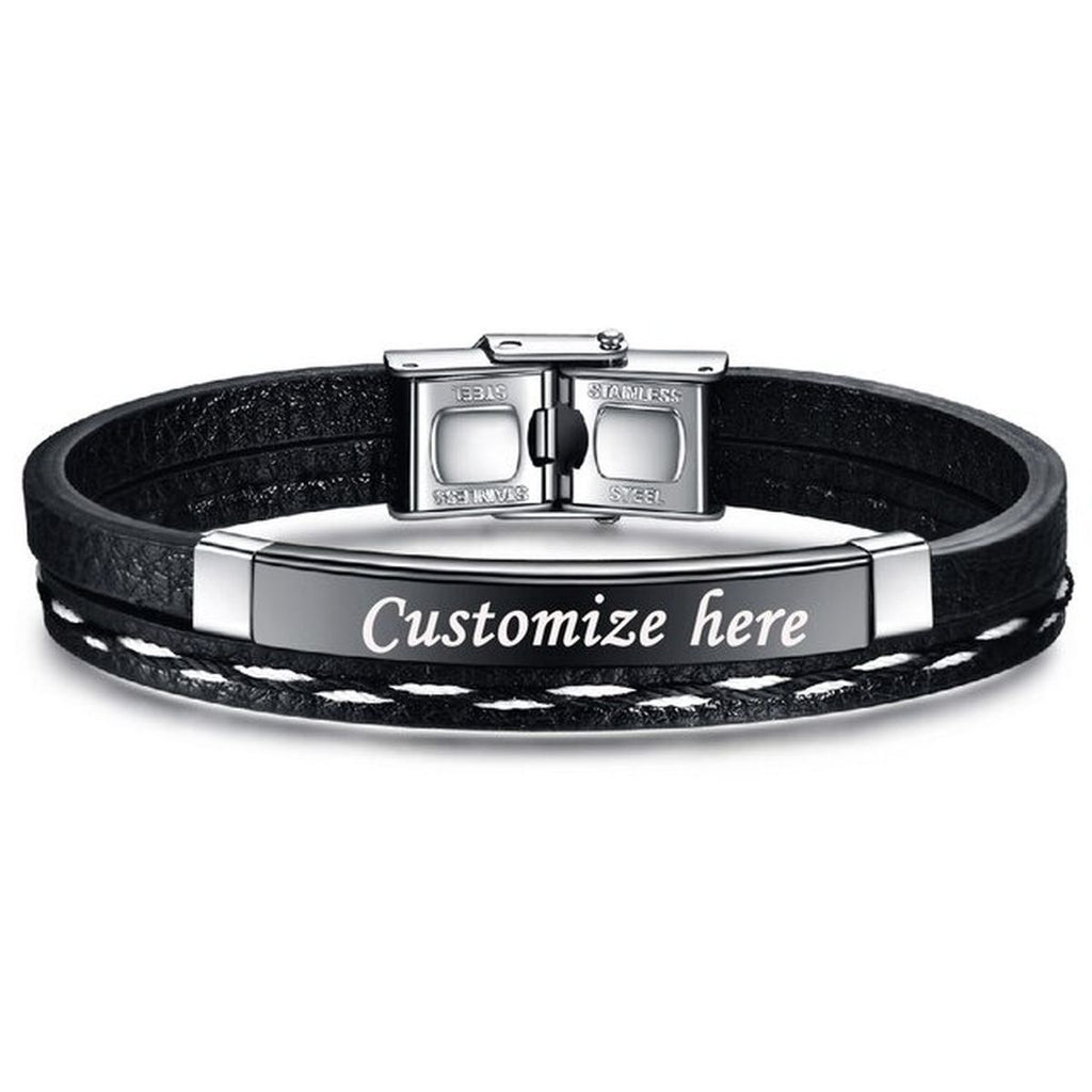 Stainless Steel Gold Black Customized Personalised Laser Engraved Leather Wrist Band ID Bracelet Men