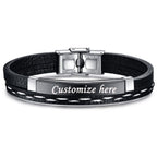 Stainless Steel Gold Black Customized Personalised Laser Engraved Leather Wrist Band ID Bracelet Men