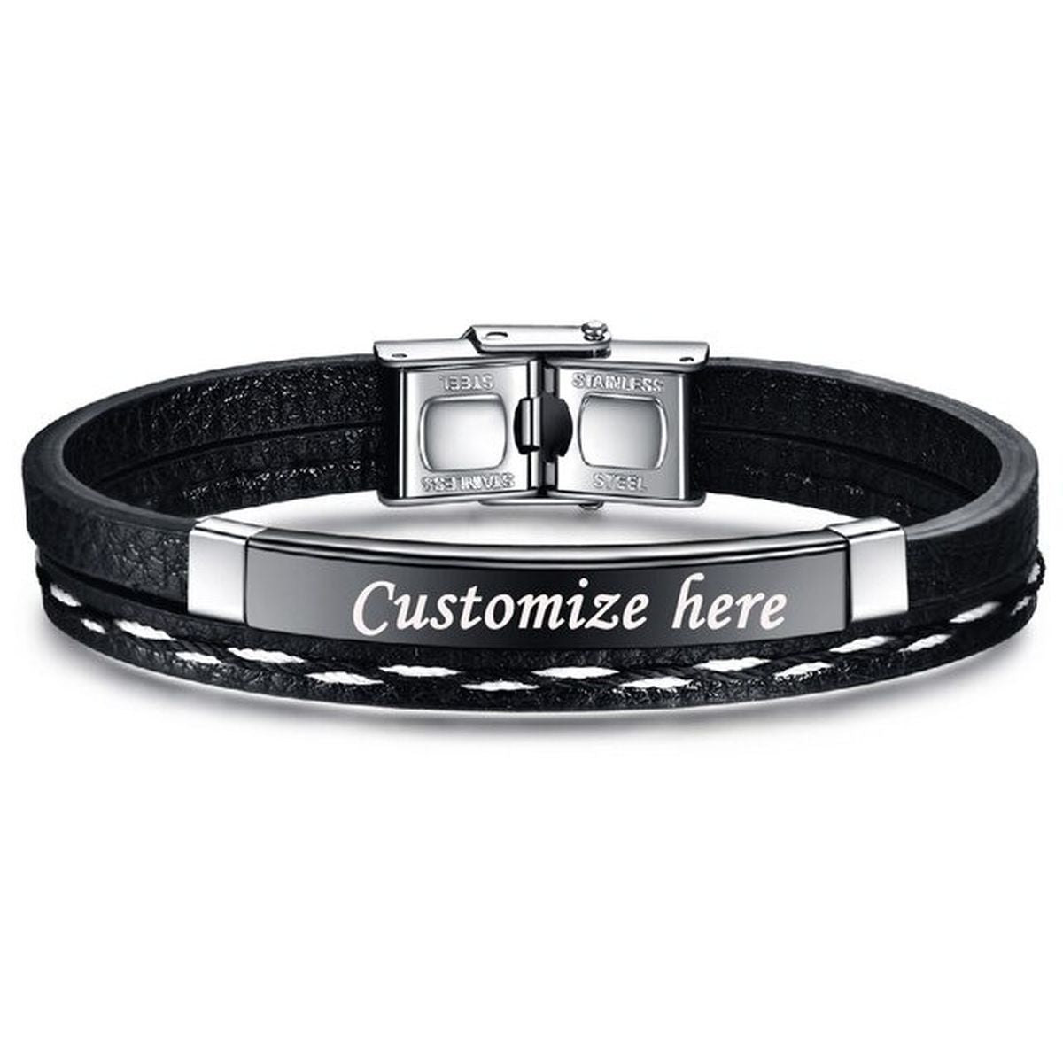 Stainless Steel Gold Black Customized Personalised Laser Engraved Leather Wrist Band ID Bracelet Men
