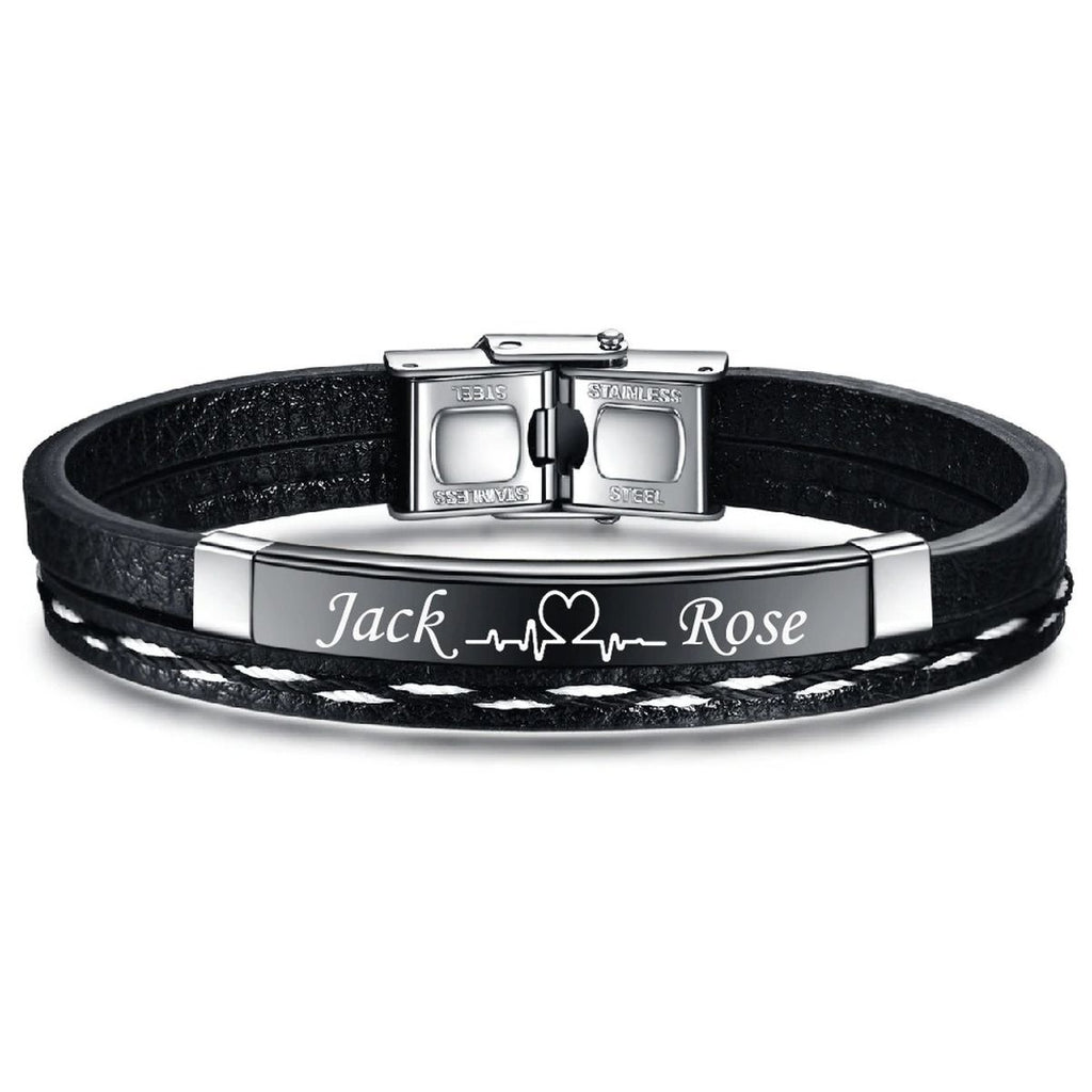Stainless Steel Gold Black Customized Personalised Laser Engraved Leather Wrist Band ID Bracelet Men