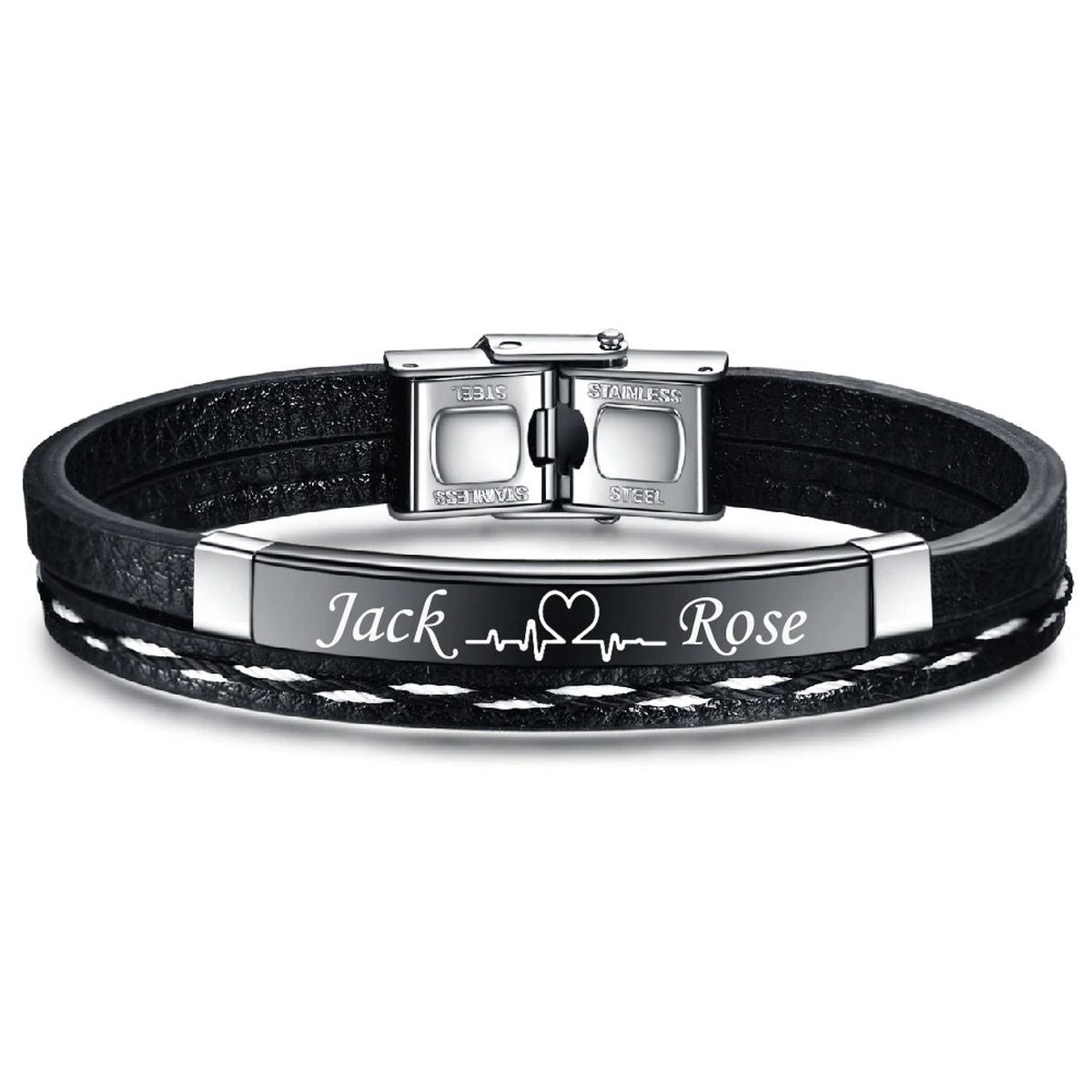 Stainless Steel Gold Black Customized Personalised Laser Engraved Leather Wrist Band ID Bracelet Men