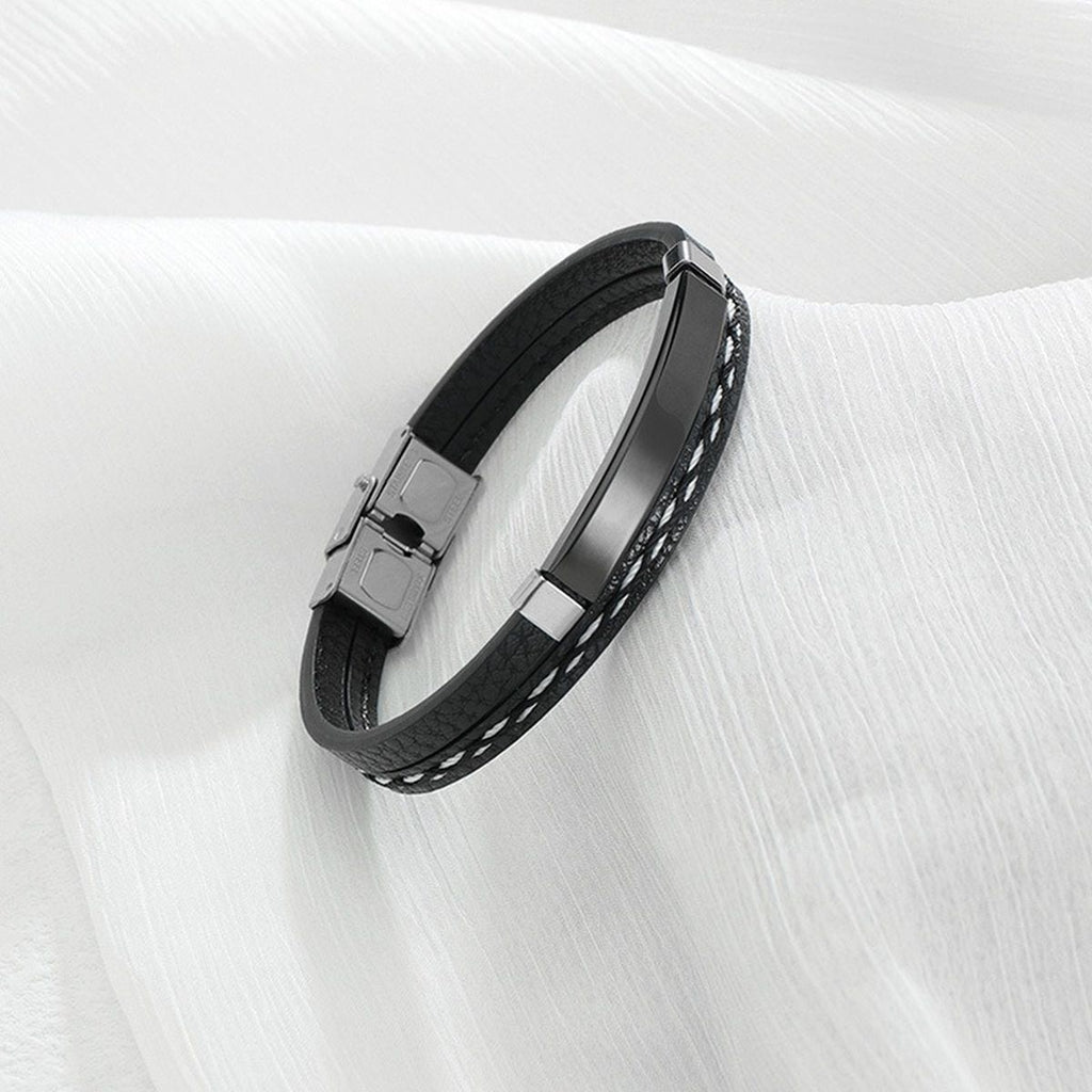 Stainless Steel Gold Black Customized Personalised Laser Engraved Leather Wrist Band ID Bracelet Men