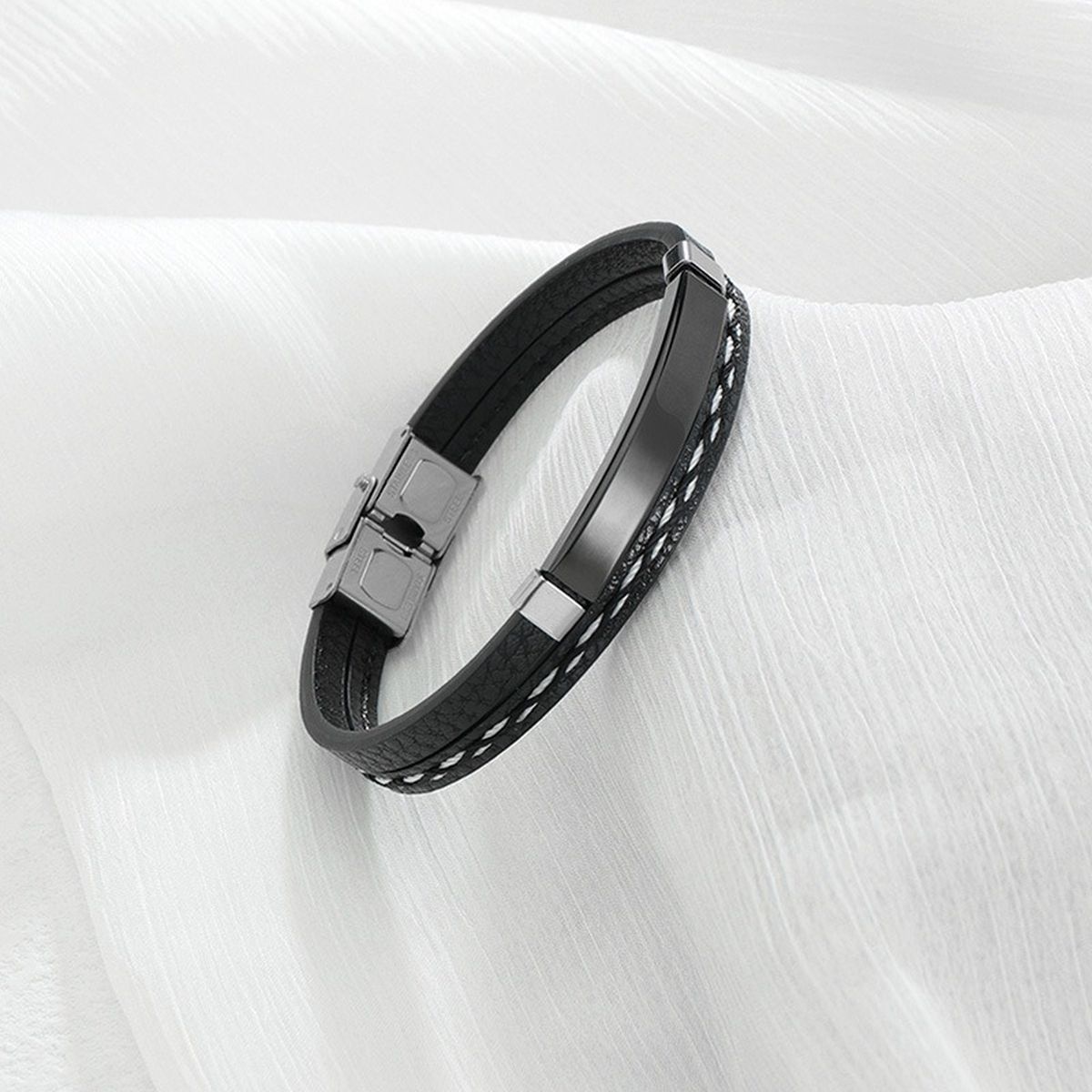 Stainless Steel Gold Black Customized Personalised Laser Engraved Leather Wrist Band ID Bracelet Men