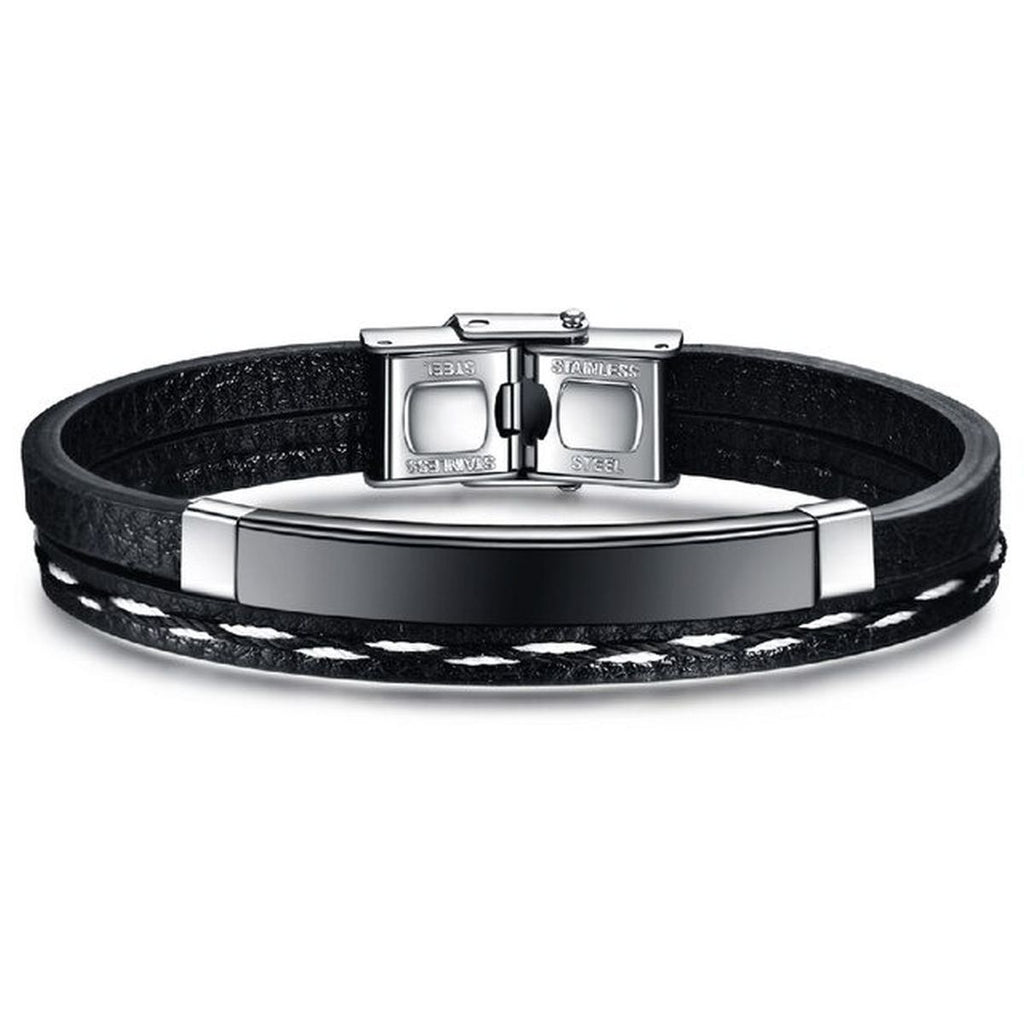 Stainless Steel Gold Black Customized Personalised Laser Engraved Leather Wrist Band ID Bracelet Men