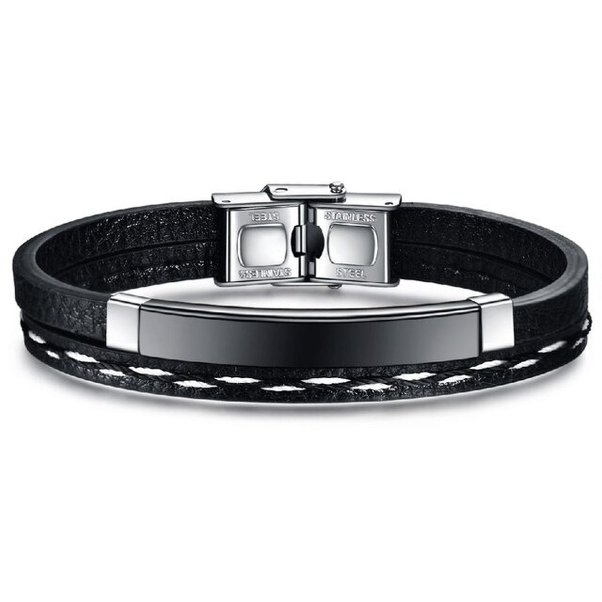 Stainless Steel Gold Black Customized Personalised Laser Engraved Leather Wrist Band ID Bracelet Men