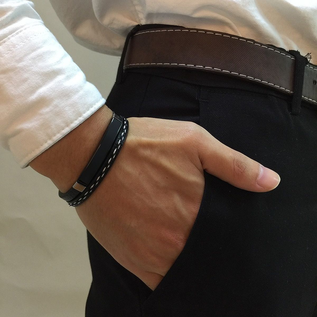 Stainless Steel Gold Black Customized Personalised Laser Engraved Leather Wrist Band ID Bracelet Men