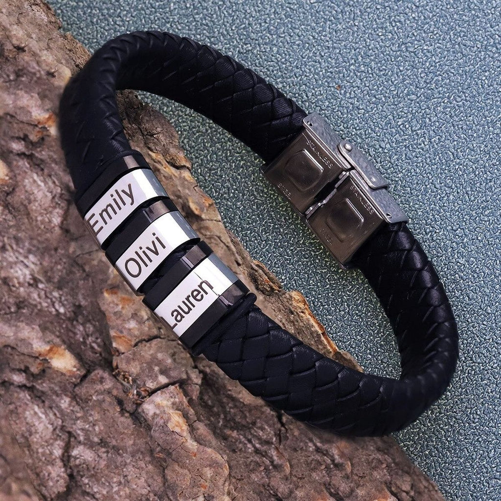 Rope Stainless Steel Silver Black Customized Personalised Laser Engraved Wrist Band Leather ID Bracelet For Men