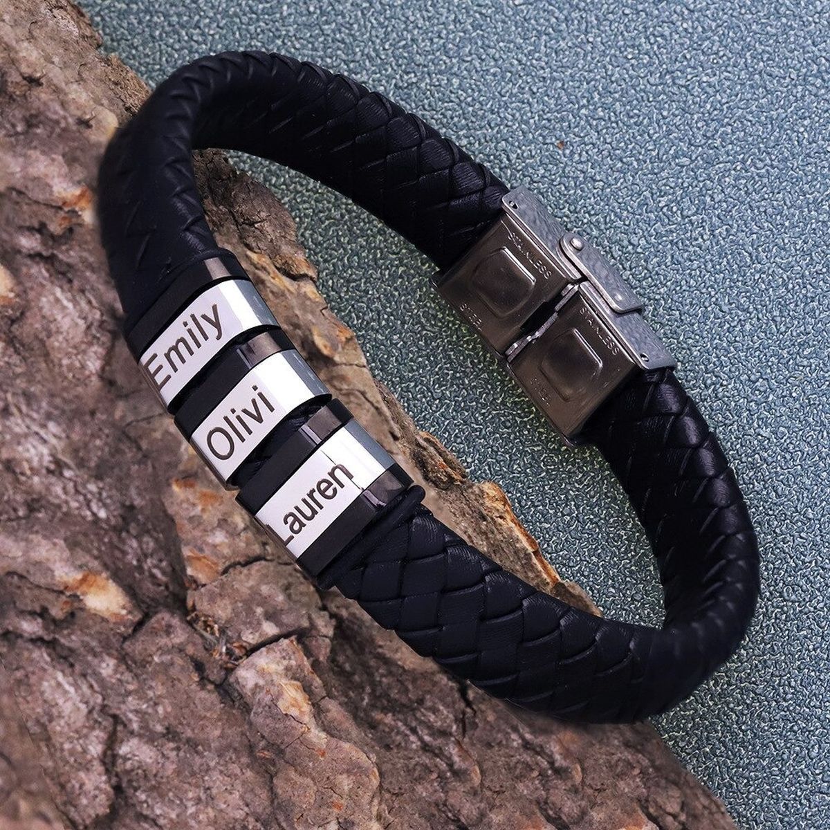 Rope Stainless Steel Silver Black Customized Personalised Laser Engraved Wrist Band Leather ID Bracelet For Men