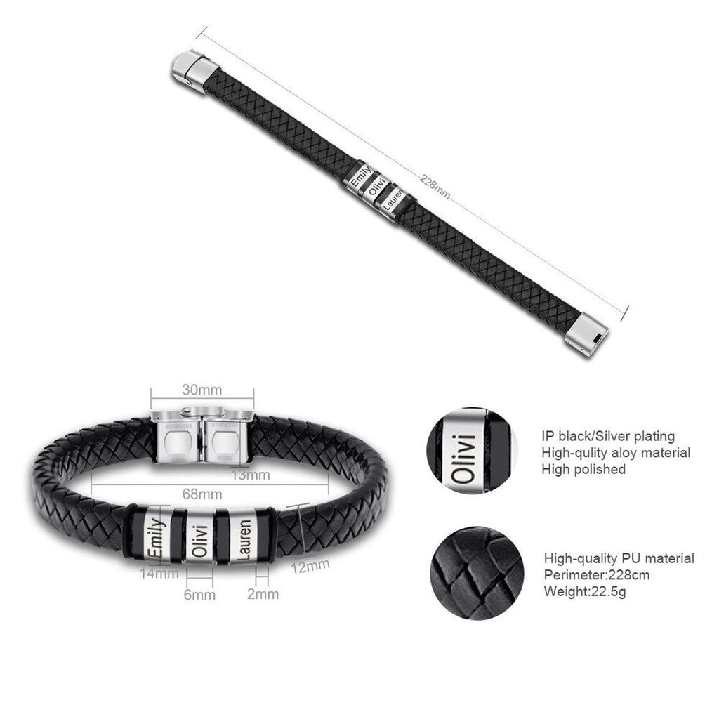 Rope Stainless Steel Silver Black Customized Personalised Laser Engraved Wrist Band Leather ID Bracelet For Men