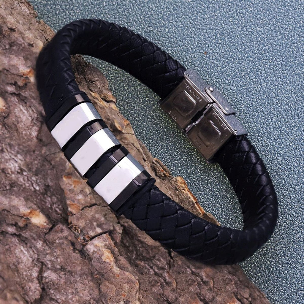 Rope Stainless Steel Silver Black Customized Personalised Laser Engraved Wrist Band Leather ID Bracelet For Men
