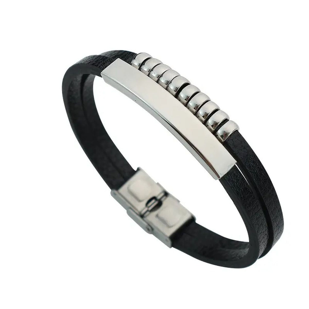 Dual Layer Stainless Steel Silver Black Customized Personalised Laser Engraved Wrist Band Leather ID Bracelet For Men
