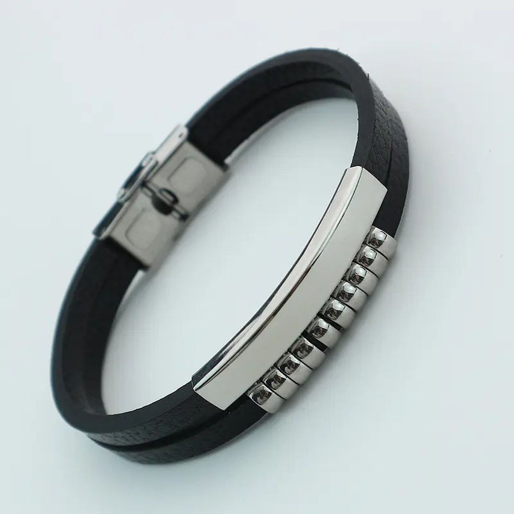 Dual Layer Stainless Steel Silver Black Customized Personalised Laser Engraved Wrist Band Leather ID Bracelet For Men