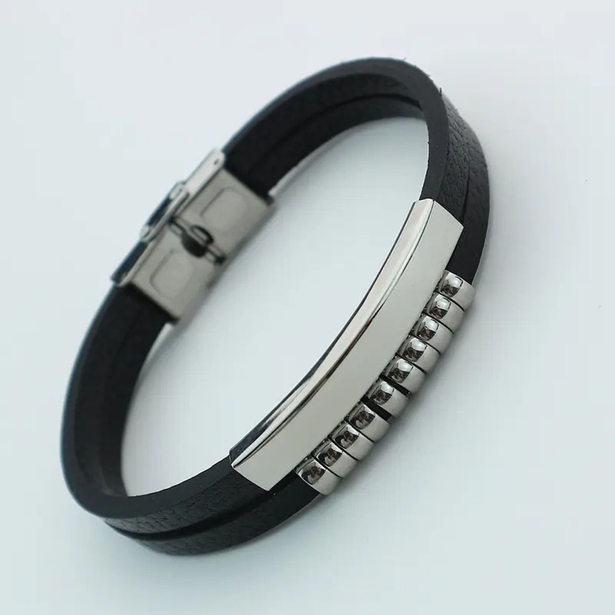 Dual Layer Stainless Steel Silver Black Customized Personalised Laser Engraved Wrist Band Leather ID Bracelet For Men