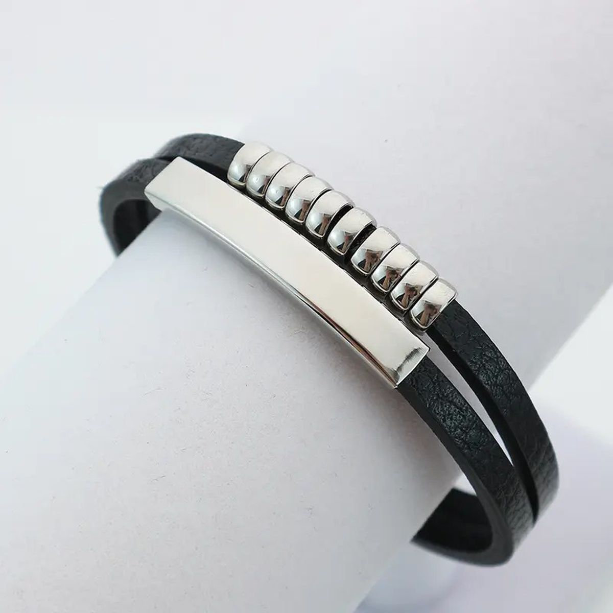 Dual Layer Stainless Steel Silver Black Customized Personalised Laser Engraved Wrist Band Leather ID Bracelet For Men