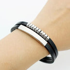 Dual Layer Stainless Steel Silver Black Customized Personalised Laser Engraved Wrist Band Leather ID Bracelet For Men