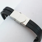 Dual Layer Stainless Steel Silver Black Customized Personalised Laser Engraved Wrist Band Leather ID Bracelet For Men