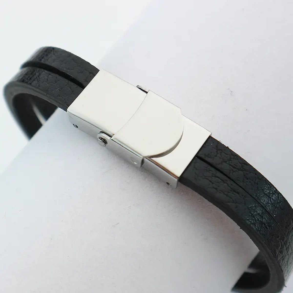 Dual Layer Stainless Steel Silver Black Customized Personalised Laser Engraved Wrist Band Leather ID Bracelet For Men