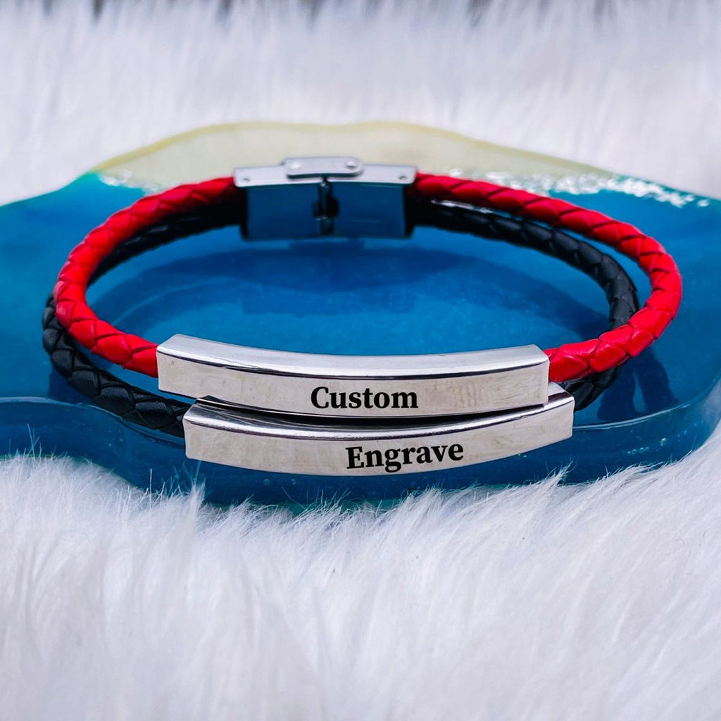 Rope Stainless Steel   Black Silver Customized Personalised Laser Engraved Wrist Band Leather ID Bracelet For Men