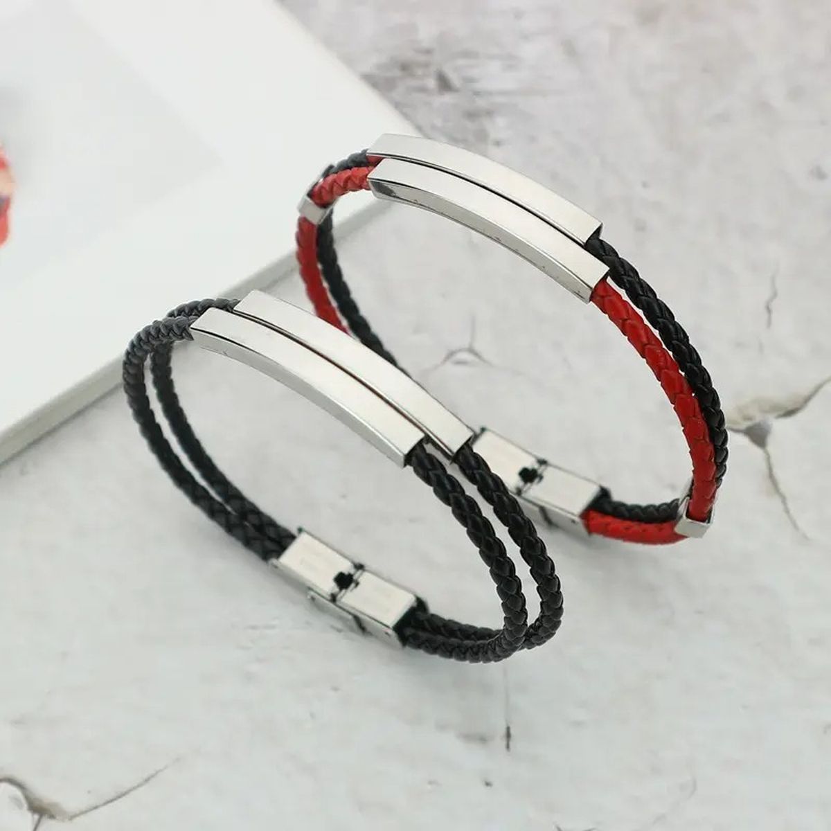 Rope Stainless Steel   Black Silver Customized Personalised Laser Engraved Wrist Band Leather ID Bracelet For Men