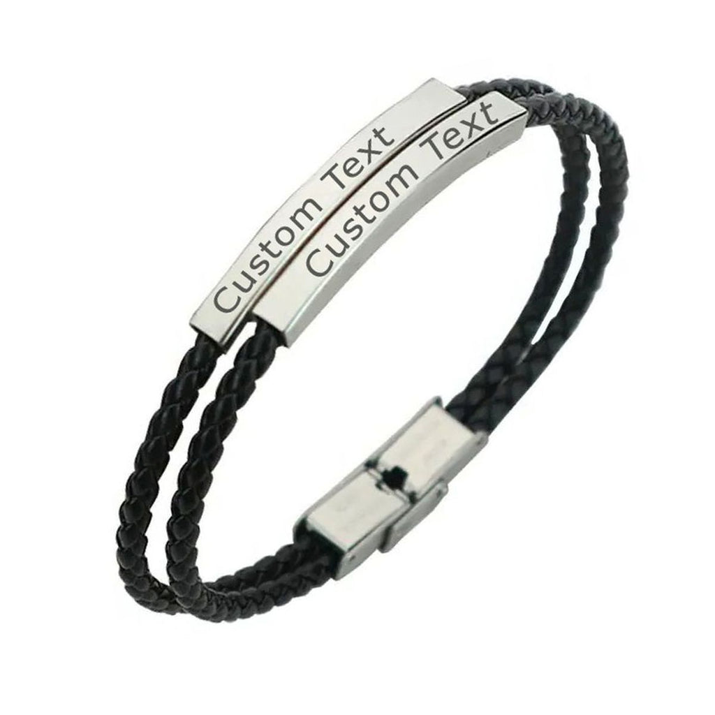 Rope Stainless Steel   Black Silver Customized Personalised Laser Engraved Wrist Band Leather ID Bracelet For Men