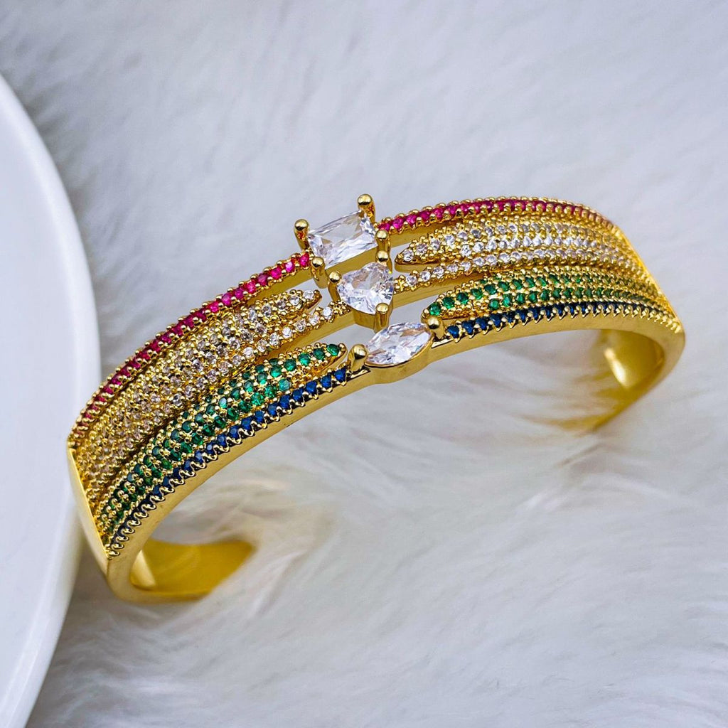 Heart Geometric Rainbow Multi Fancy CZ Gold Bangle Cuff Kada Bulk