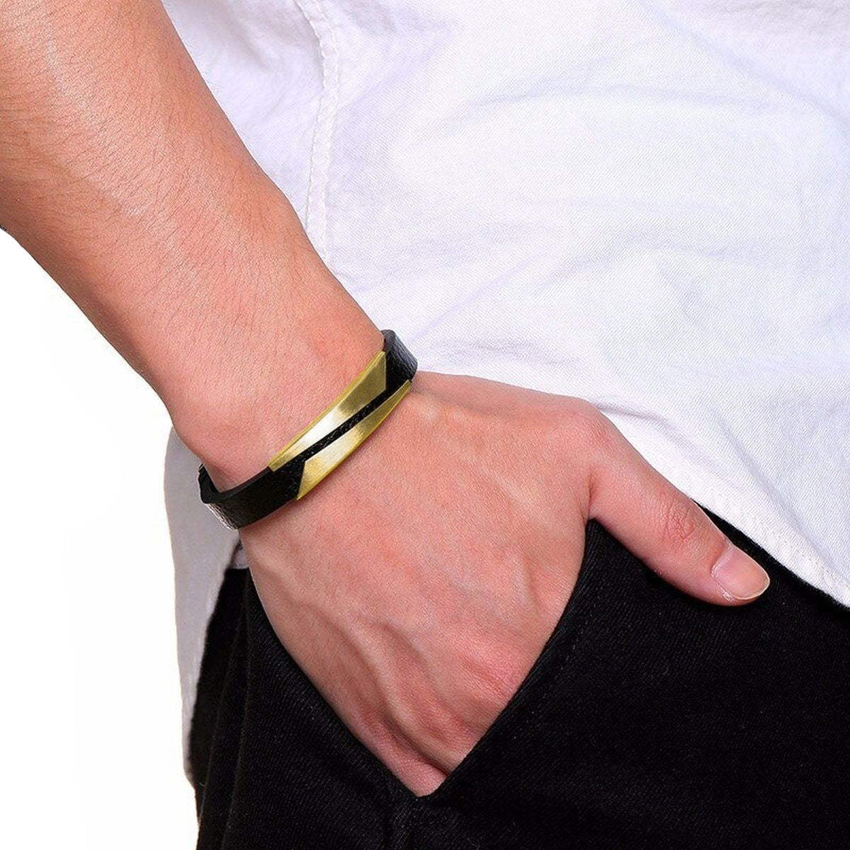 Geometric Stainless Steel Gold Black Customized Personalised Laser Engraved Wrist Band Leather Bracelet For Men