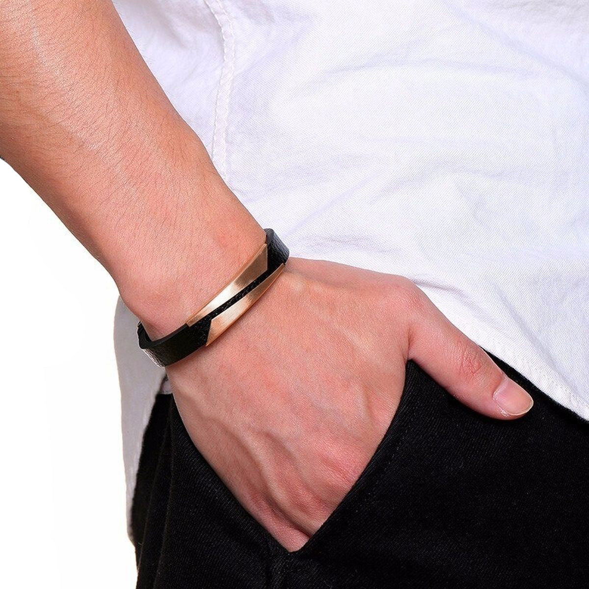 Geometric Stainless Steel Gold Black Customized Personalised Laser Engraved Wrist Band Leather Bracelet For Men
