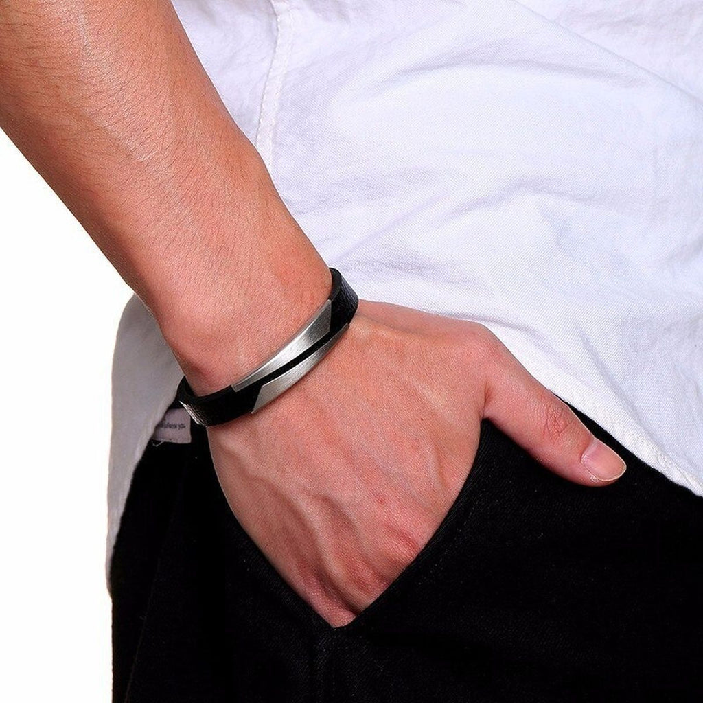 Geometric Stainless Steel Gold Black Customized Personalised Laser Engraved Wrist Band Leather Bracelet For Men