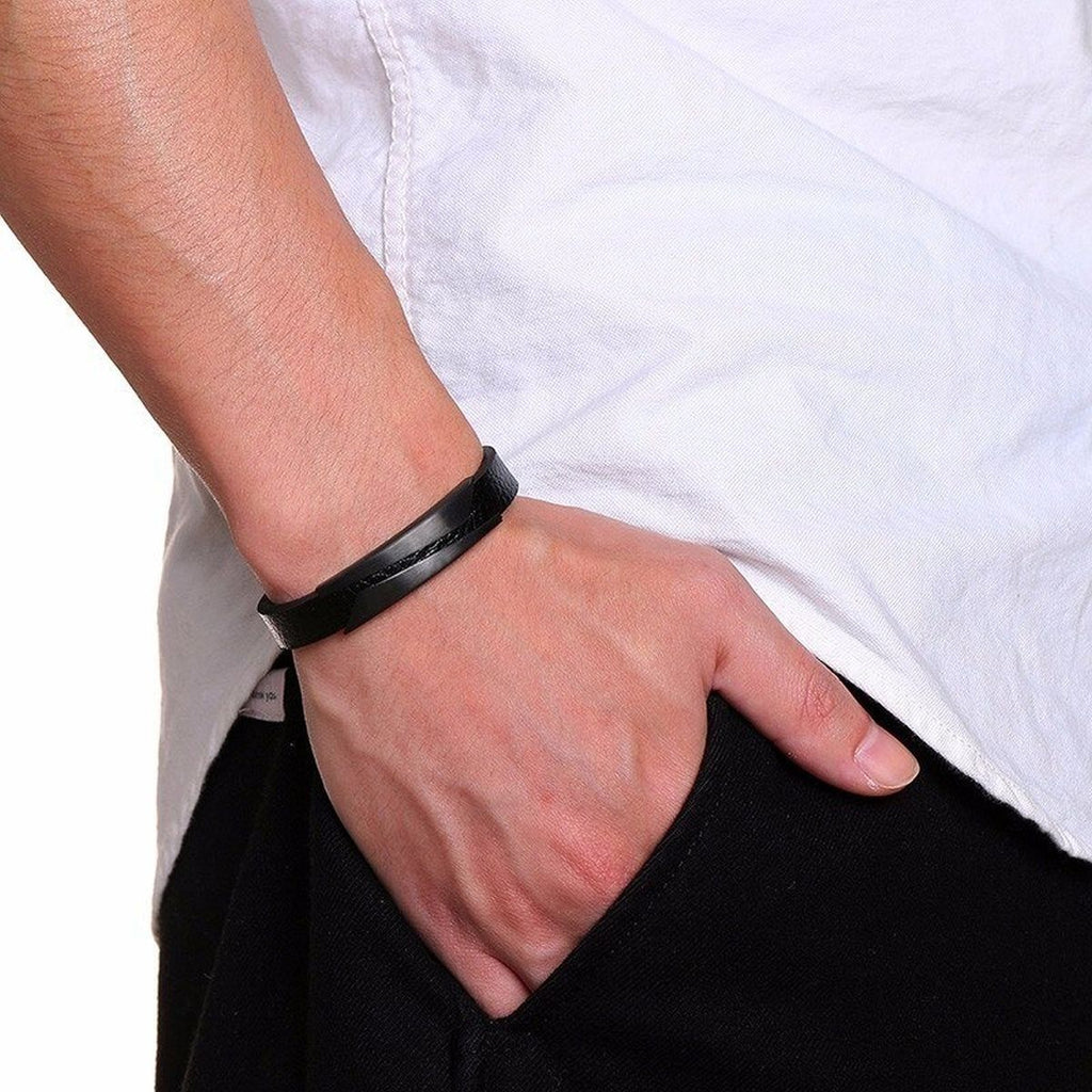 Geometric Stainless Steel Gold Black Customized Personalised Laser Engraved Wrist Band Leather Bracelet For Men