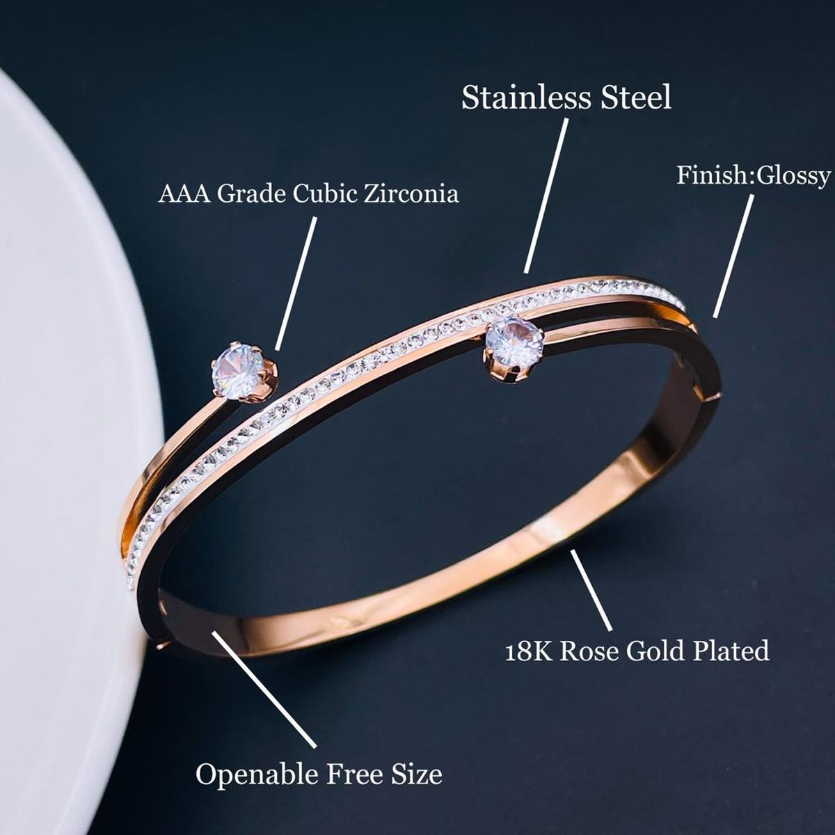 Solitaire CZ 18K Rose Gold Stainless Steel Openable Kada Bangle Bulk