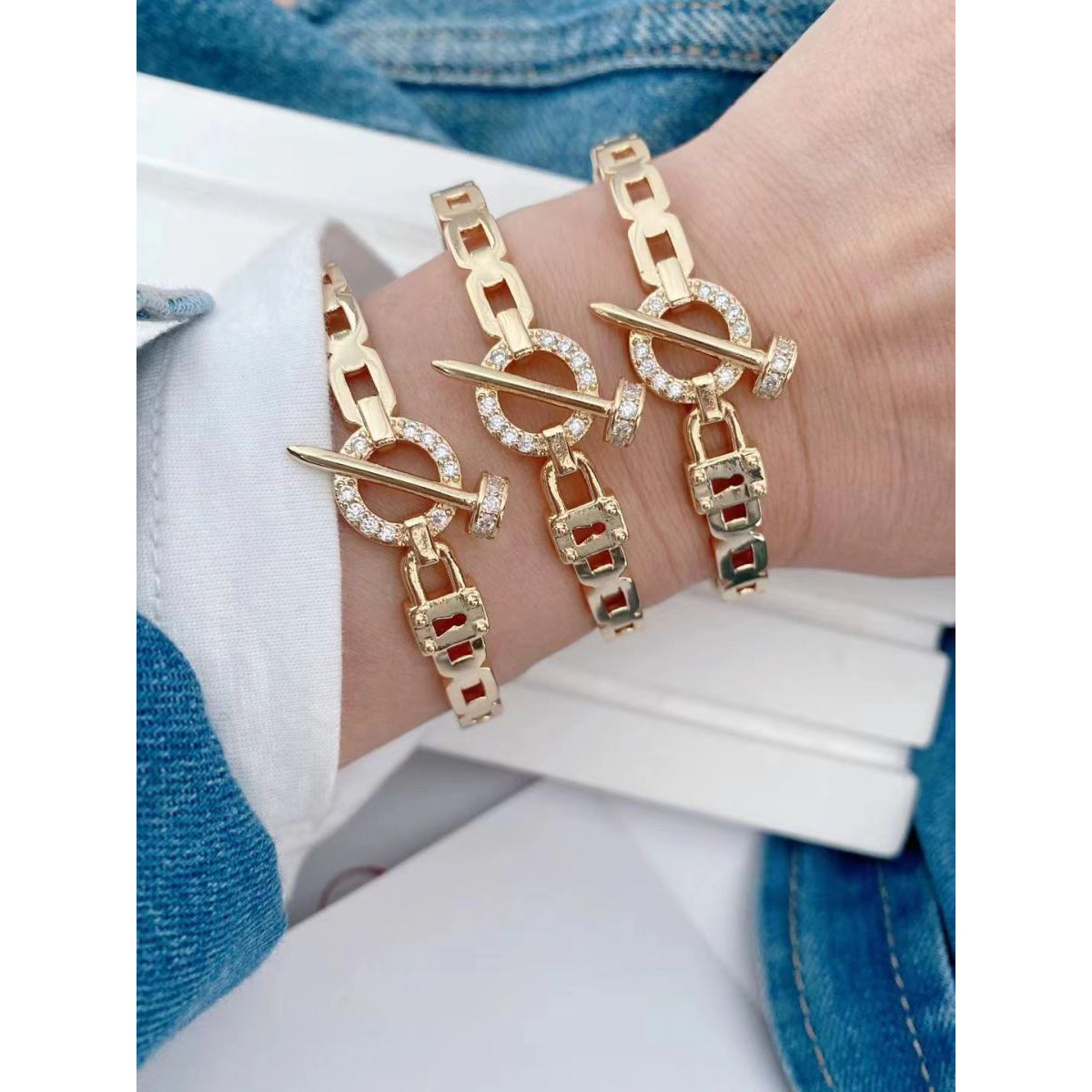 Link Nail Screw 18K Gold CZ Anti Tarnish Copper Cuff Kada Bangle Bulk
