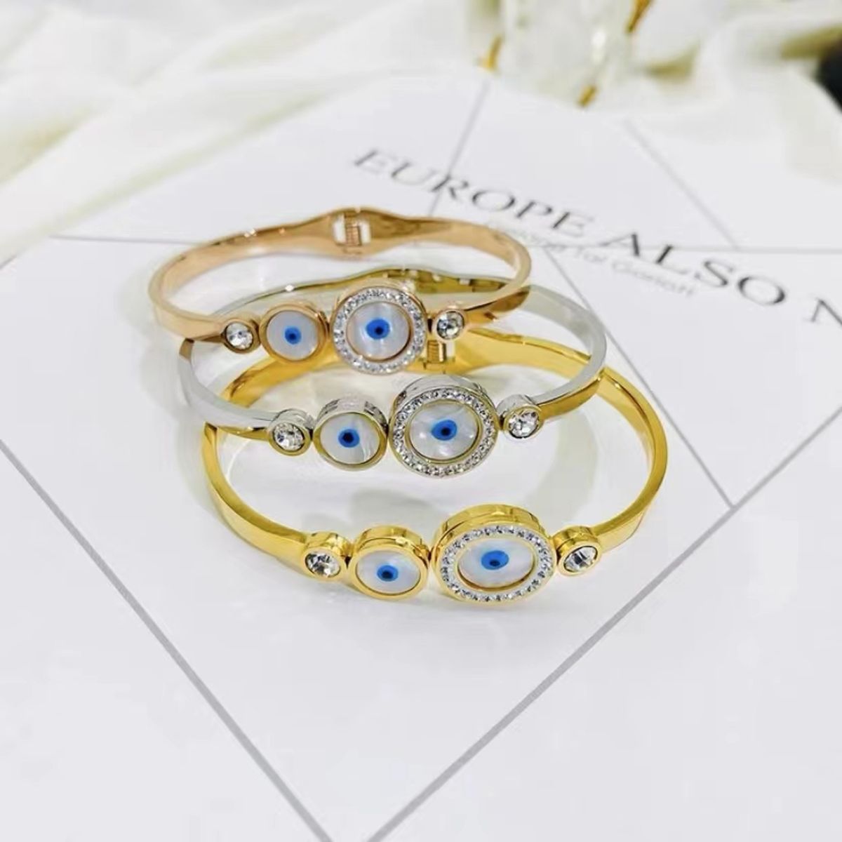 Mother of Pearl Three Evil Eye 18K Rose Gold Stainless Steel Openable Kada Bracelet for Women