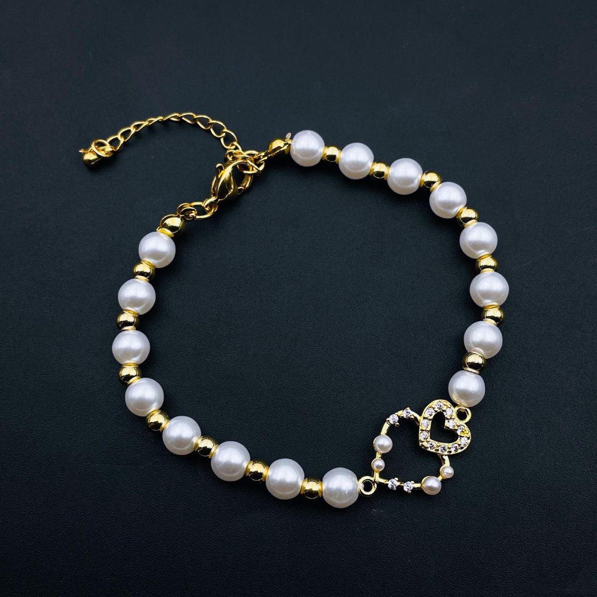 Twin Heart Love Cubic Zirconia 18K Gold Copper Pearl Bracelet Bulk Main image
