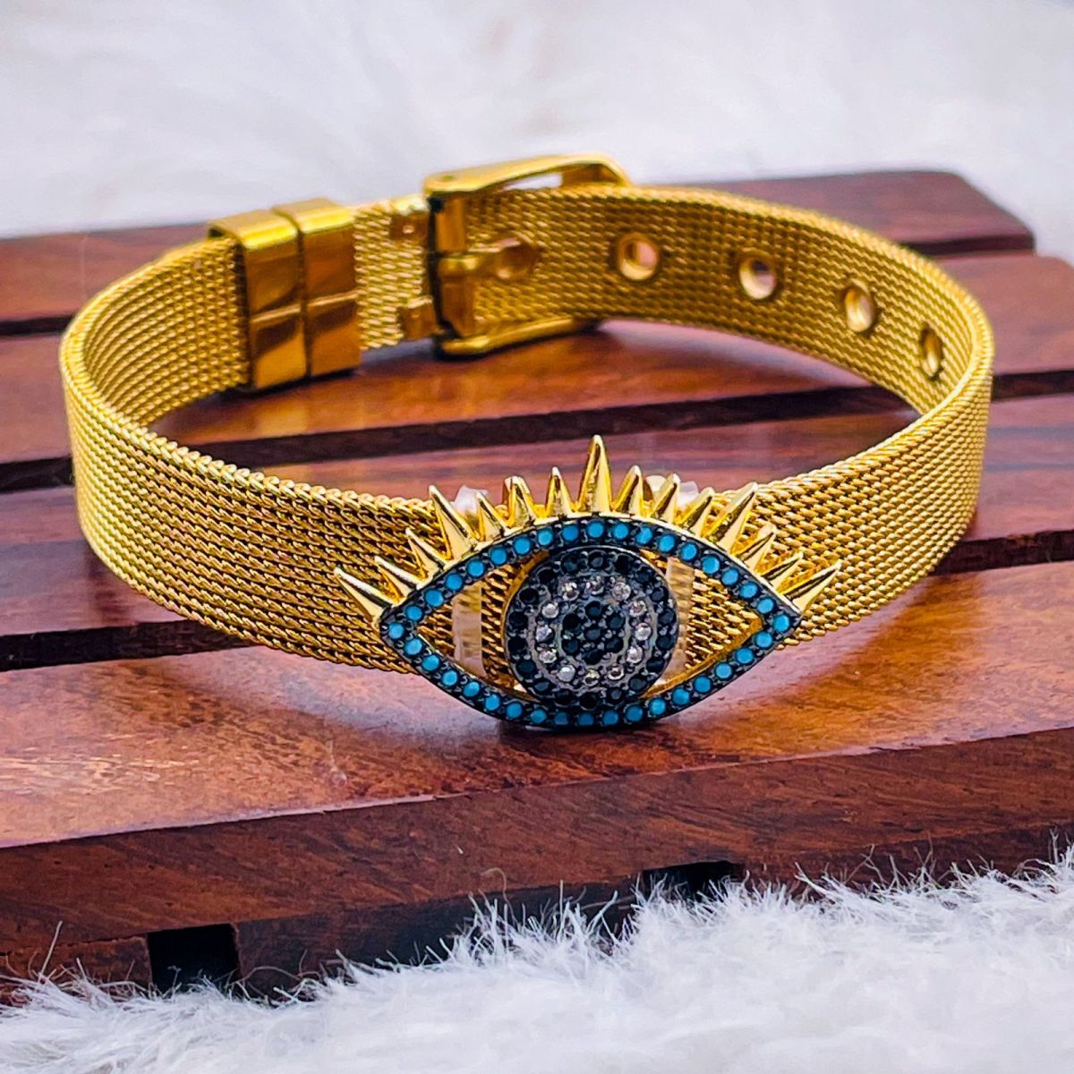 Evil Eye Blue Black 10mm 18K Gold Stainless Steel Mesh Strap Belt Bracelet for Women Main image