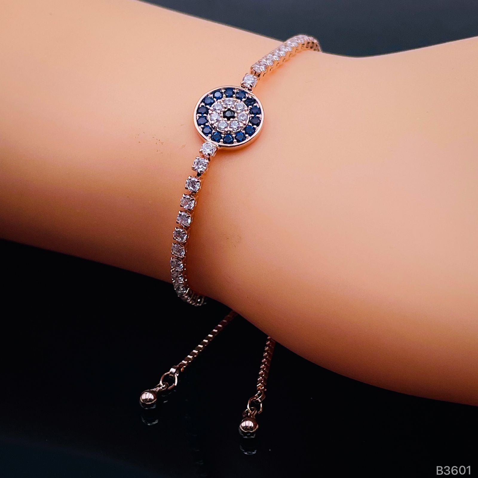Blue Evil Eye 18K Rose Gold CZ Adjustable Slider Bracelet Bulk