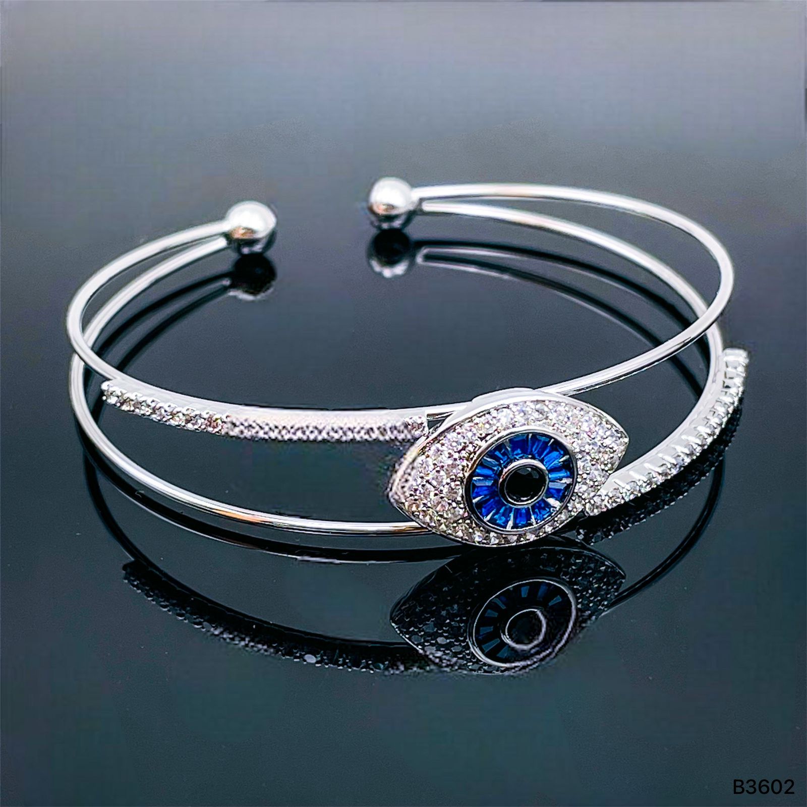 Blue Evil Eye Baguette Cubic Zirconia Silver Cuff Kada For Women Bulk Main image