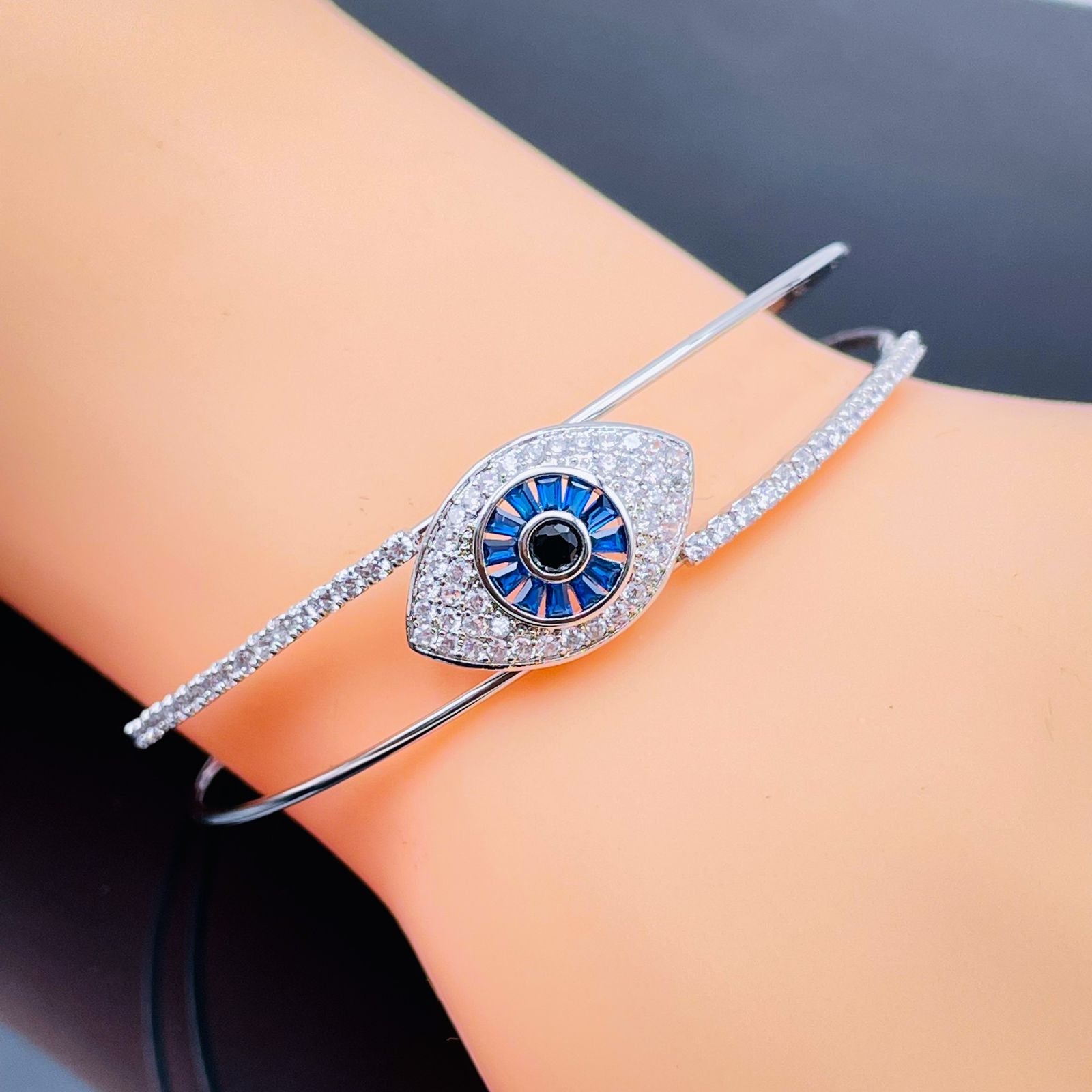 Blue Evil Eye Baguette Cubic Zirconia Silver Cuff Kada For Women Bulk