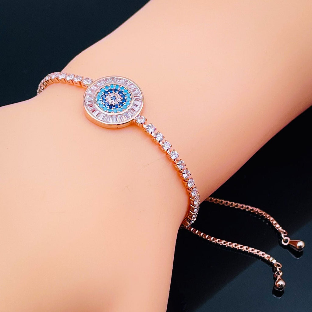 Evil Eye Baguette 18K Rose Gold CZ Adjustable Slider Bracelet Bulk