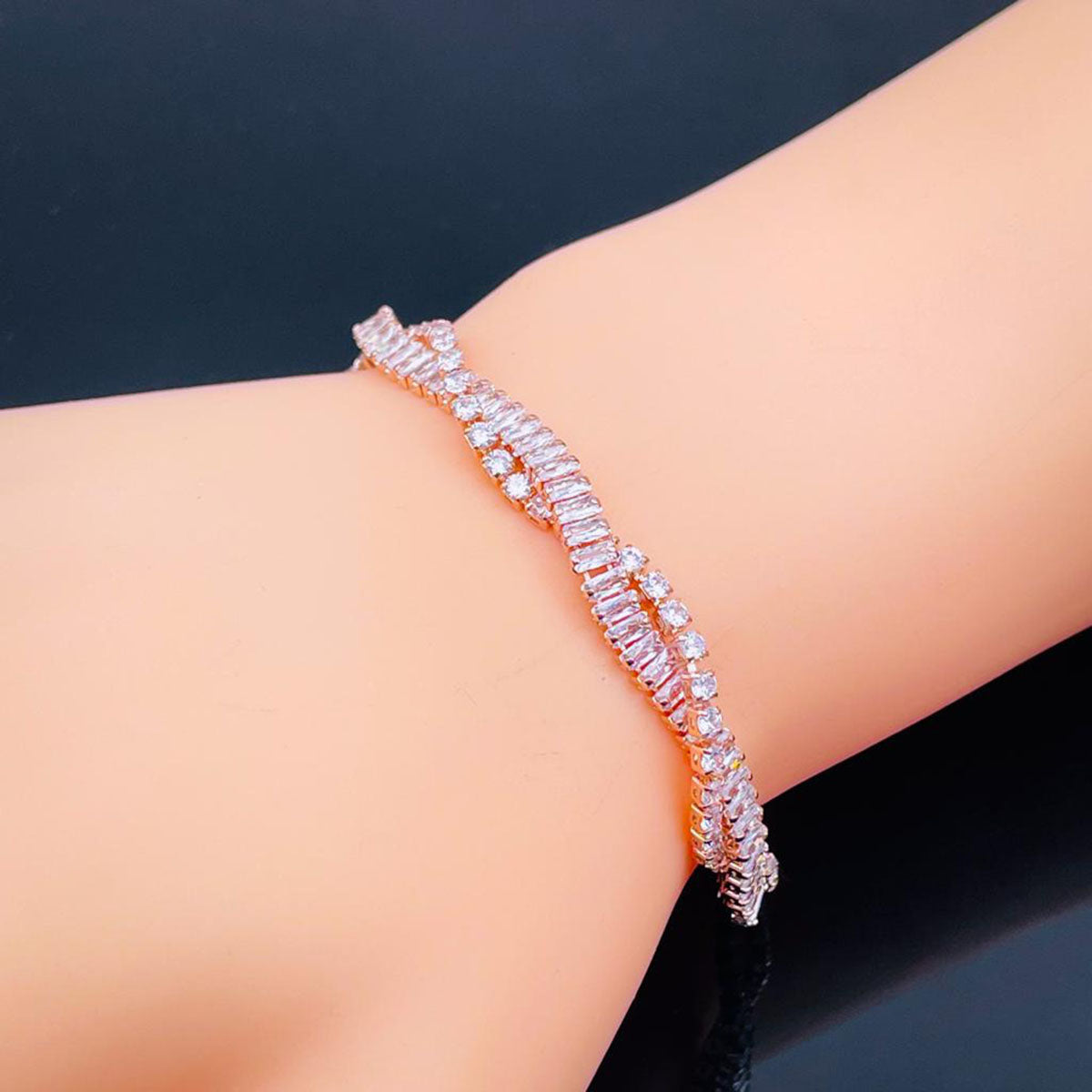 Criss Cross Baguette Rose Gold Copper Tennis Bracelet For Women Bulk Secondary image
