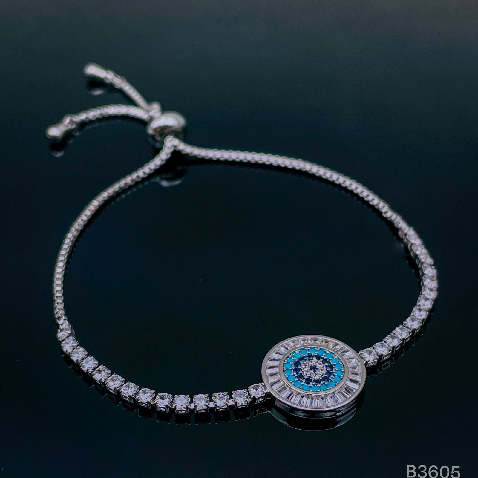 Evil Eye Baguette Silver CZ Adjustable Slider Bracelet Bulk Main image