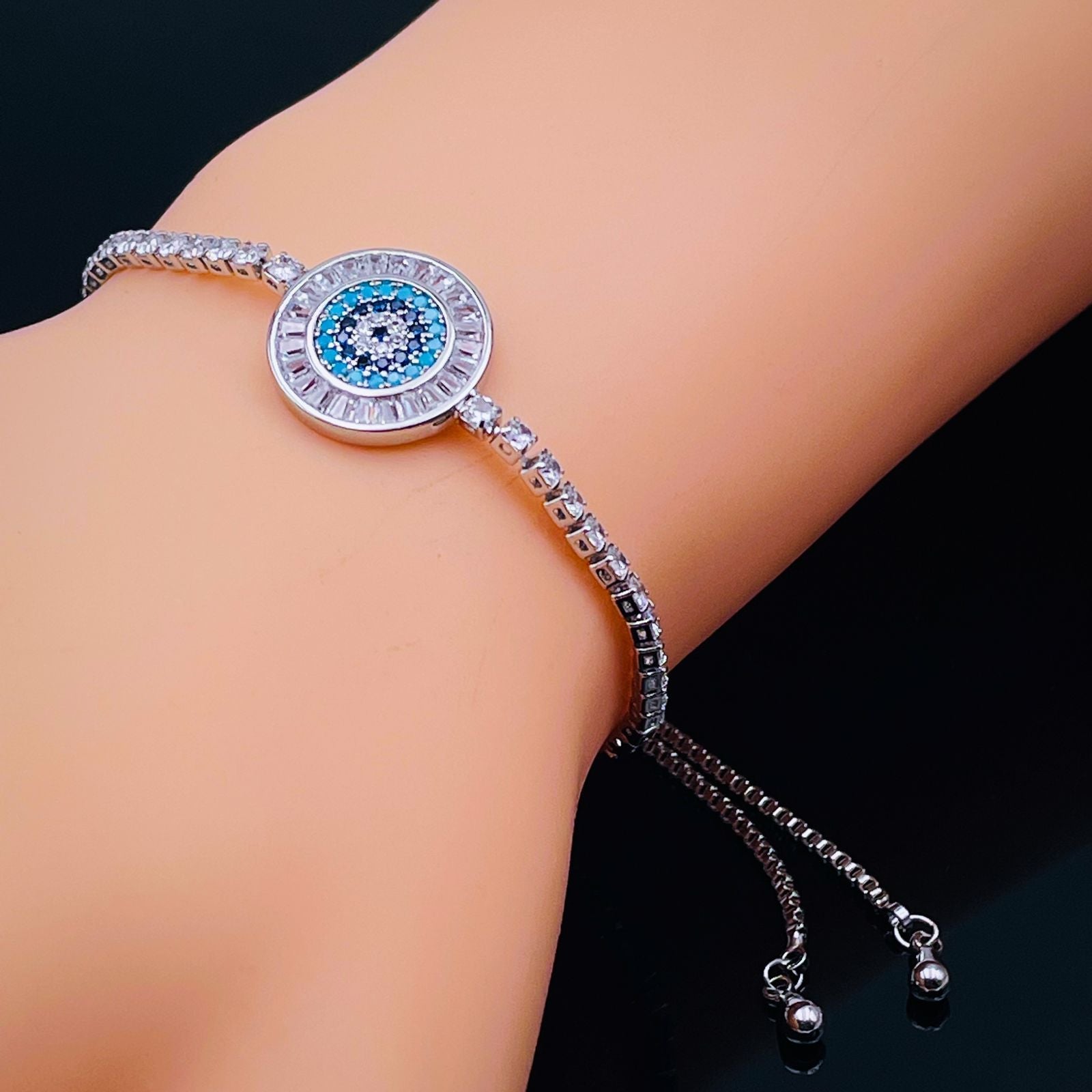 Evil Eye Baguette Silver CZ Adjustable Slider Bracelet Bulk Secondary image
