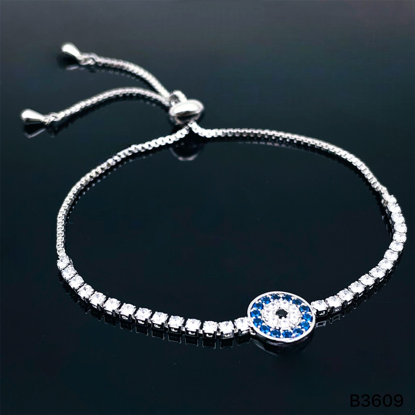 Blue Evil Eye Silver Cubic Zirconia Adjustable Slider Bracelet Bulk Main image