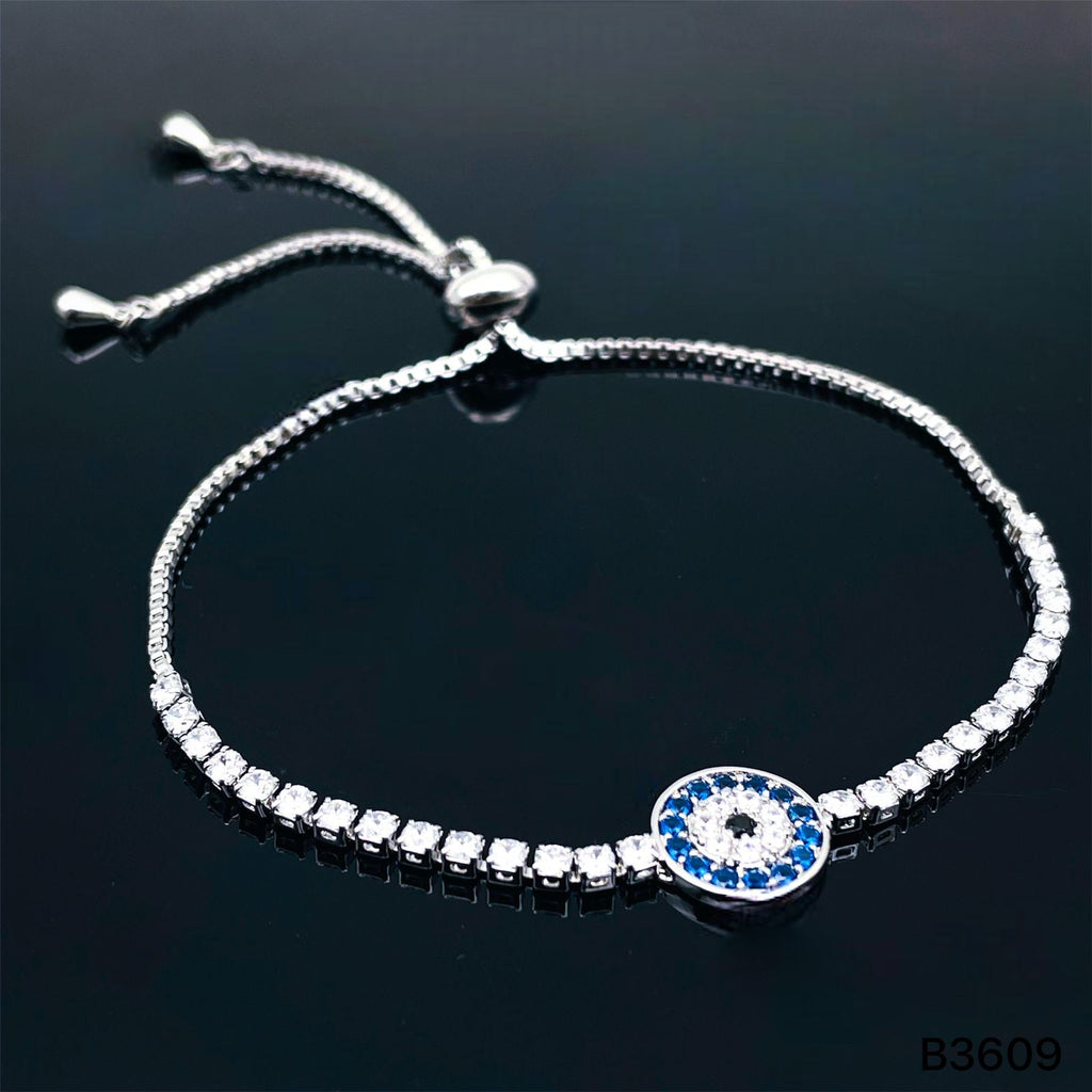 Blue Evil Eye Silver Cubic Zirconia Adjustable Slider Bracelet Bulk