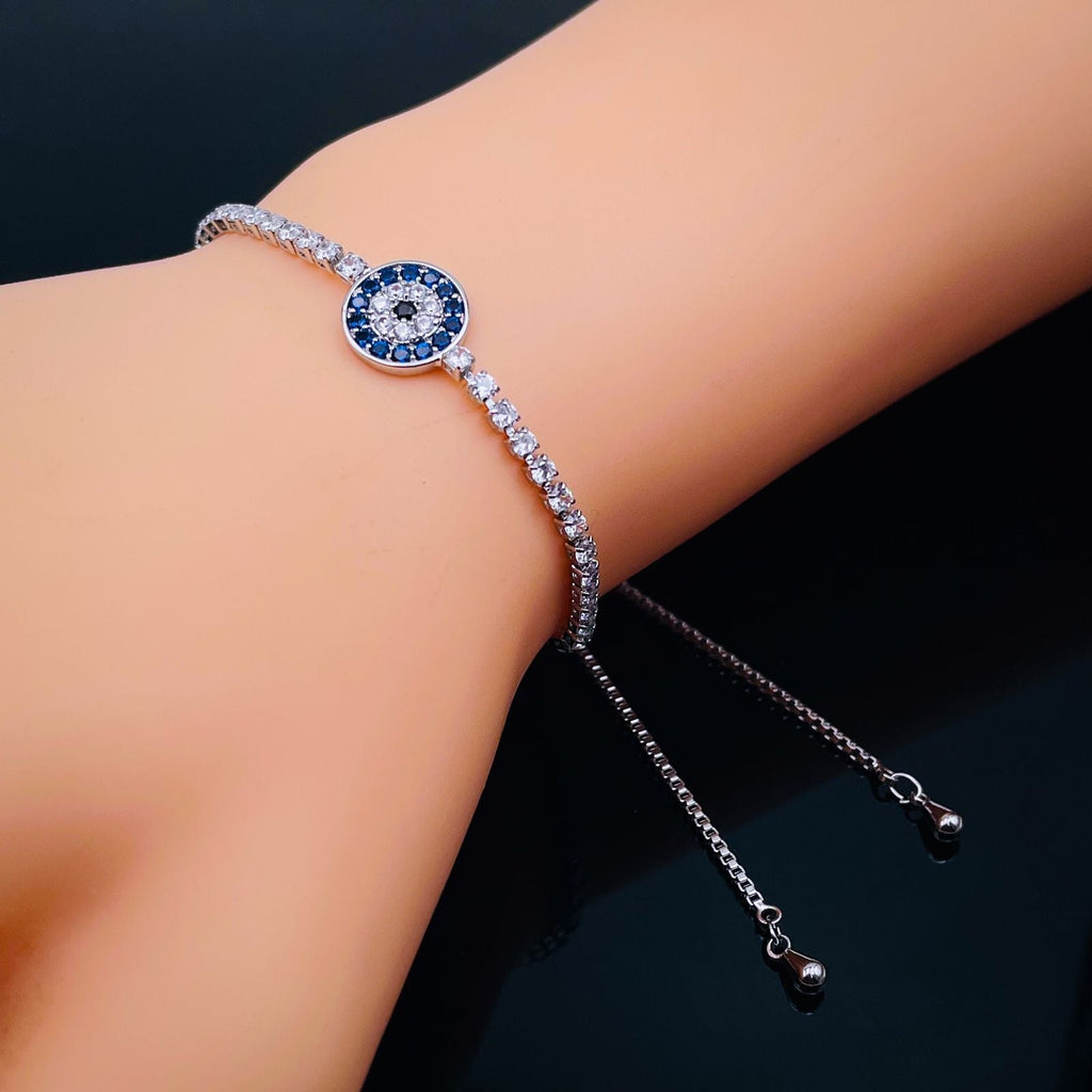 Blue Evil Eye Silver Cubic Zirconia Adjustable Slider Bracelet Bulk