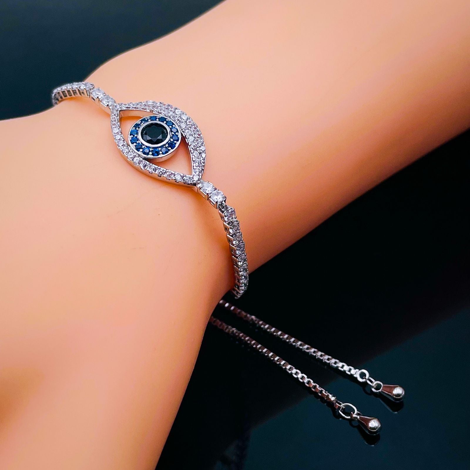 Evil Eye Silver Cubic Zirconia Copper Adjustable Slider Bracelet Bulk Secondary image